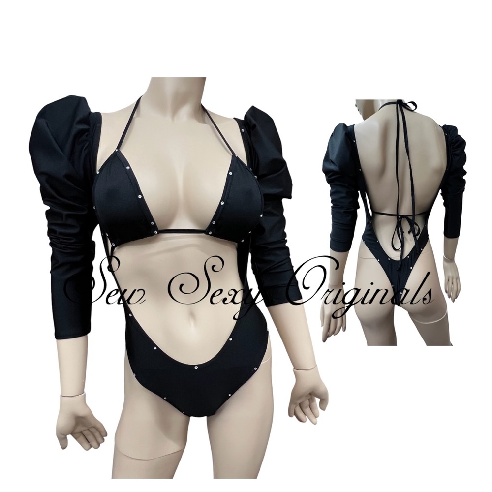 Open front bodysuit w Puff sleeves Exotic Wear Rave